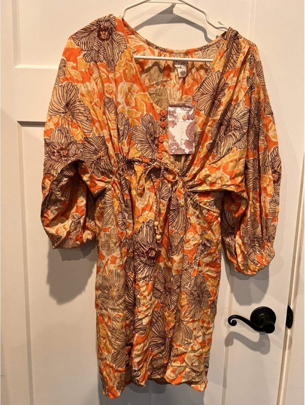 Band of the Free Womens S Orange Botanical Floral Puff Sleeve Dress NWT